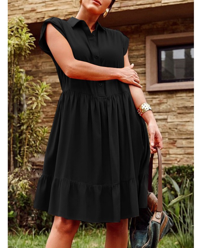 Solid Button Pocket Ruffles Lapel Short Sleeve Shirt Dress - Black S