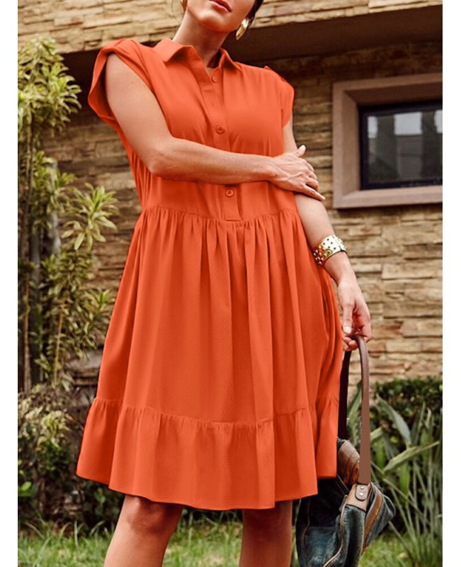 Solid Button Pocket Ruffles Lapel Short Sleeve Shirt Dress - Black S