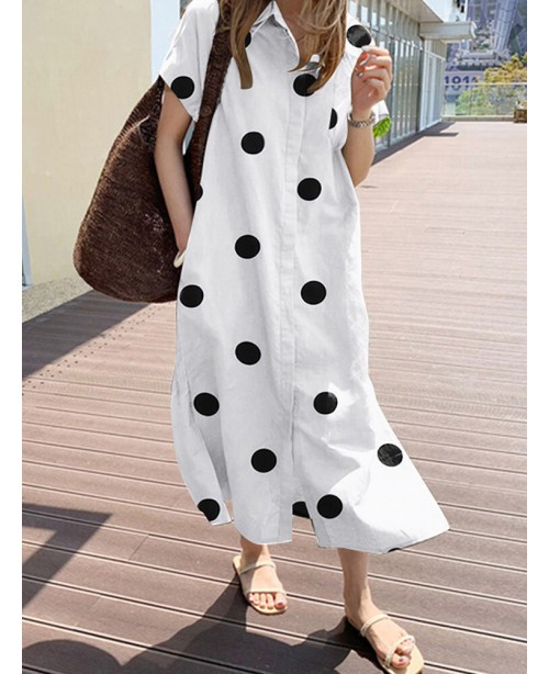 Cottagecore Polka Dot Pocket Lapel Short Sleeve Sh...