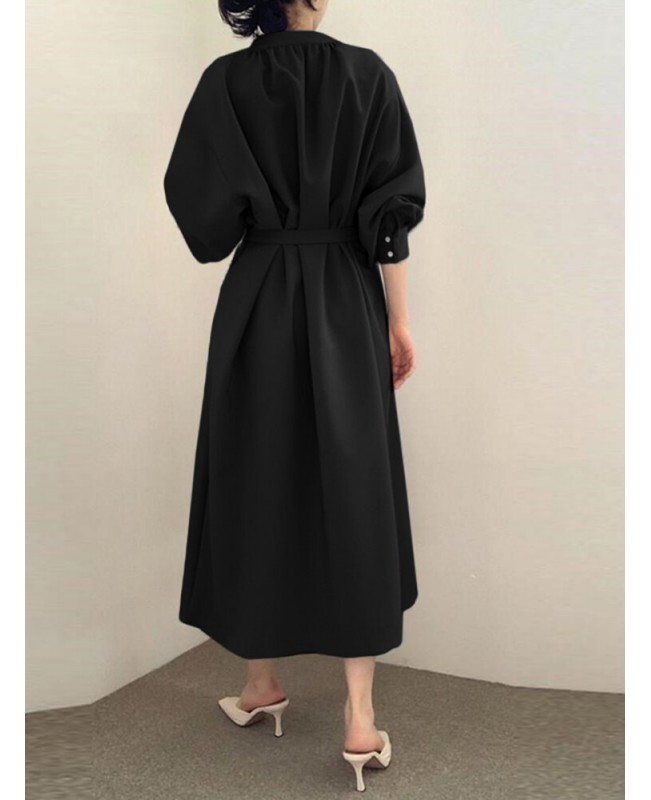 Solid Belt Loose Puff Long Sleeve V-neck Shirt Dress - Black L