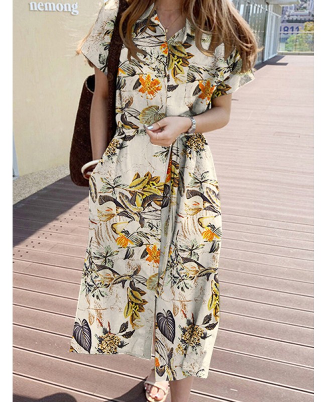 Cottagecore Plant Print Pocket Button Cotton Short Sleeve Shirt Dress - Yellow 4XL