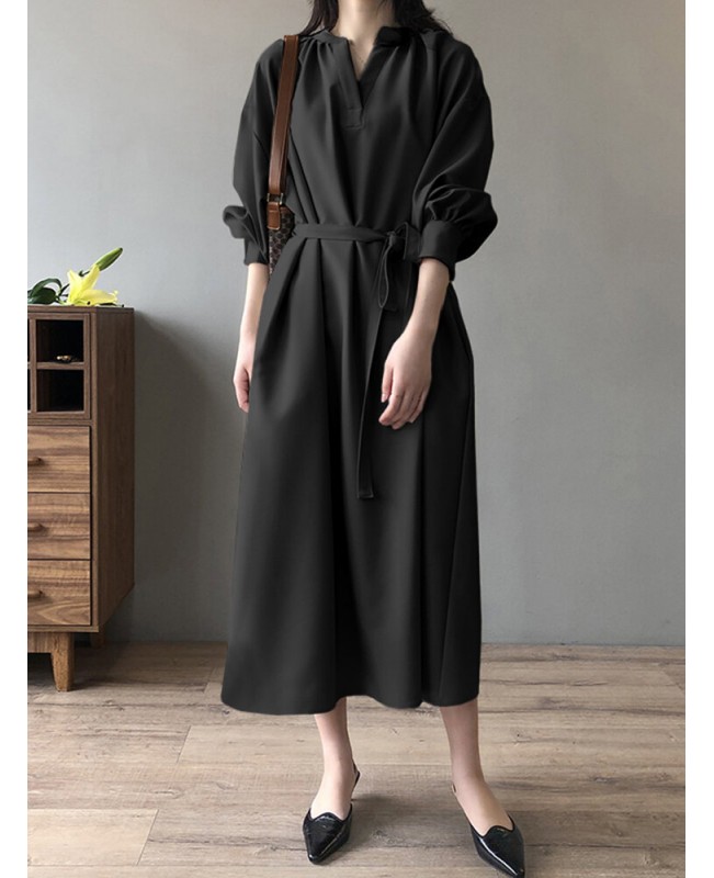 Solid Belt Loose Puff Long Sleeve V-neck Shirt Dress - Black L
