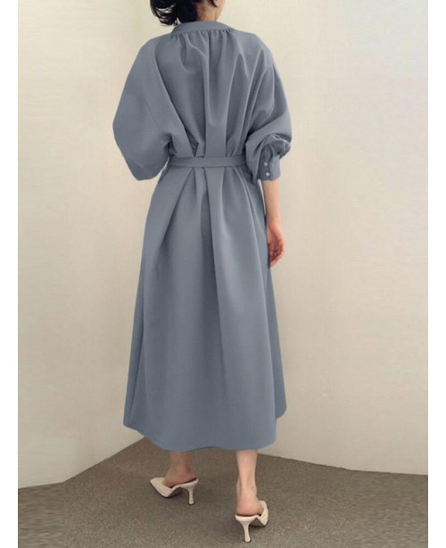 Solid Belt Loose Puff Long Sleeve V-neck Shirt Dre...