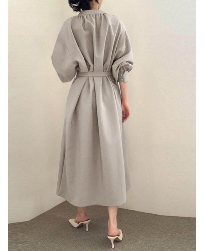 Solid Belt Loose Puff Long Sleeve V-neck Shirt Dress - Black L