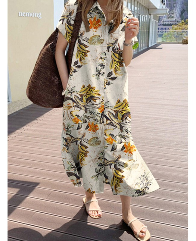 Cottagecore Plant Print Pocket Button Cotton Short Sleeve Shirt Dress - Yellow 4XL