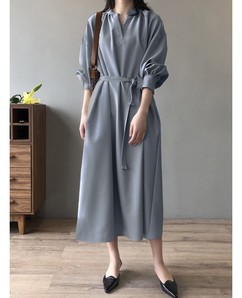 Solid Belt Loose Puff Long Sleeve V-neck Shirt Dre...