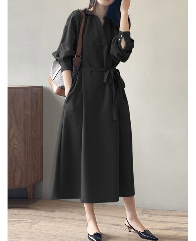 Solid Belt Loose Puff Long Sleeve V-neck Shirt Dress - Black L