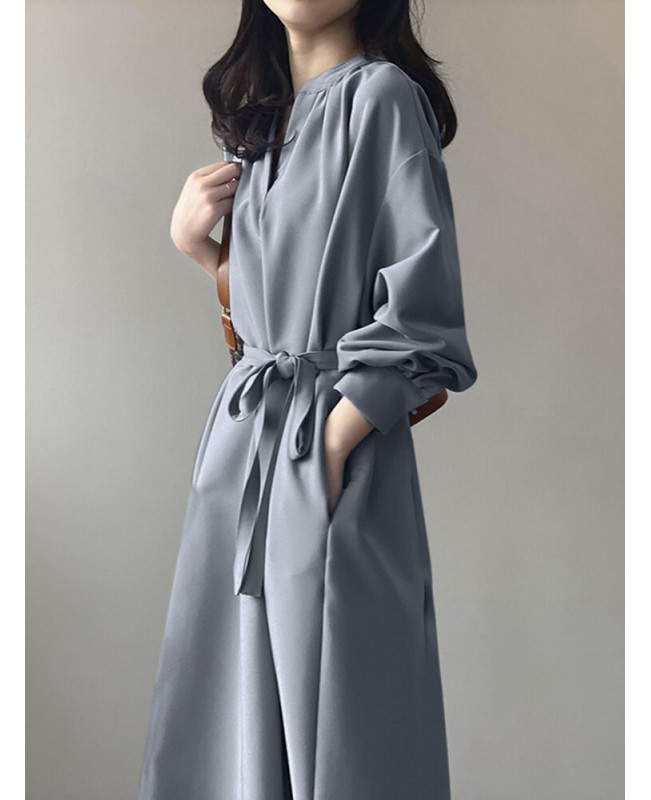 Solid Belt Loose Puff Long Sleeve V-neck Shirt Dress - Black L