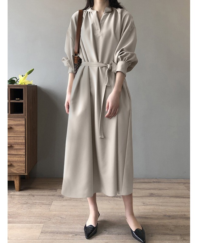 Solid Belt Loose Puff Long Sleeve V-neck Shirt Dress - Black L