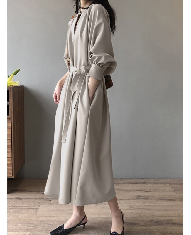 Solid Belt Loose Puff Long Sleeve V-neck Shirt Dress - Black L