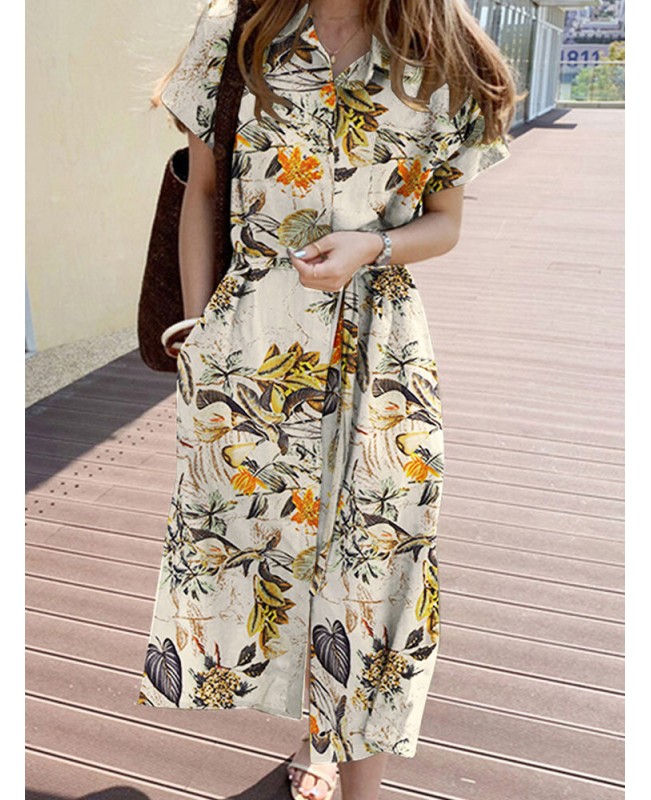 Cottagecore Plant Print Pocket Button Cotton Short Sleeve Shirt Dress - Yellow 4XL