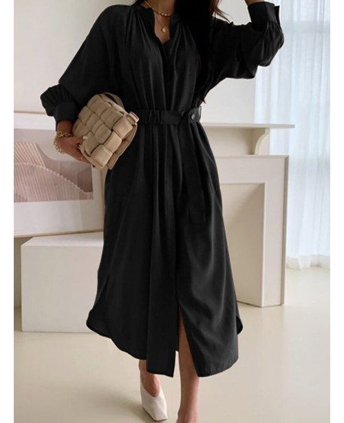 Solid Lantern Sleeve Button Belt Stand Collar Shir...