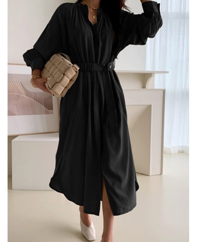 Solid Lantern Sleeve Button Belt Stand Collar Shirt Dress - Black S