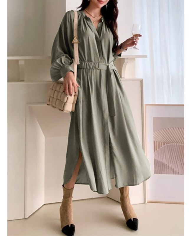 Solid Lantern Sleeve Button Belt Stand Collar Shirt Dress - Black S