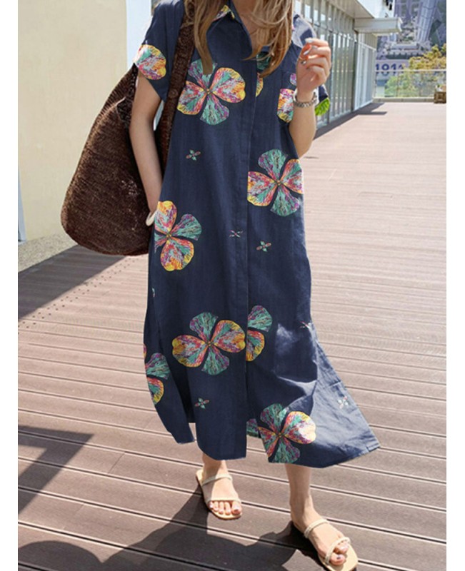 Cottagecore Plant Print Pocket Button Short Sleeve Cotton Shirt Dress - Navy 4XL