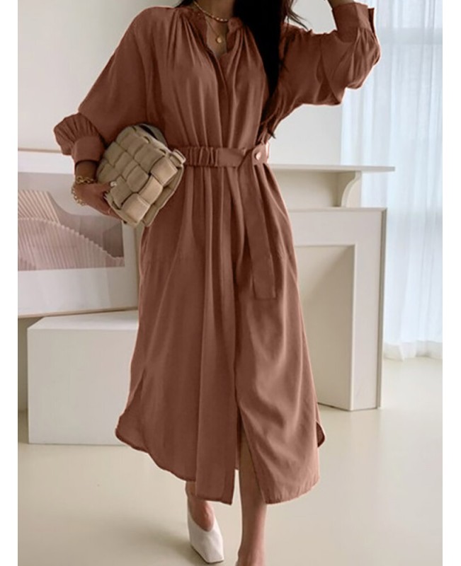 Solid Lantern Sleeve Button Belt Stand Collar Shirt Dress - Black S