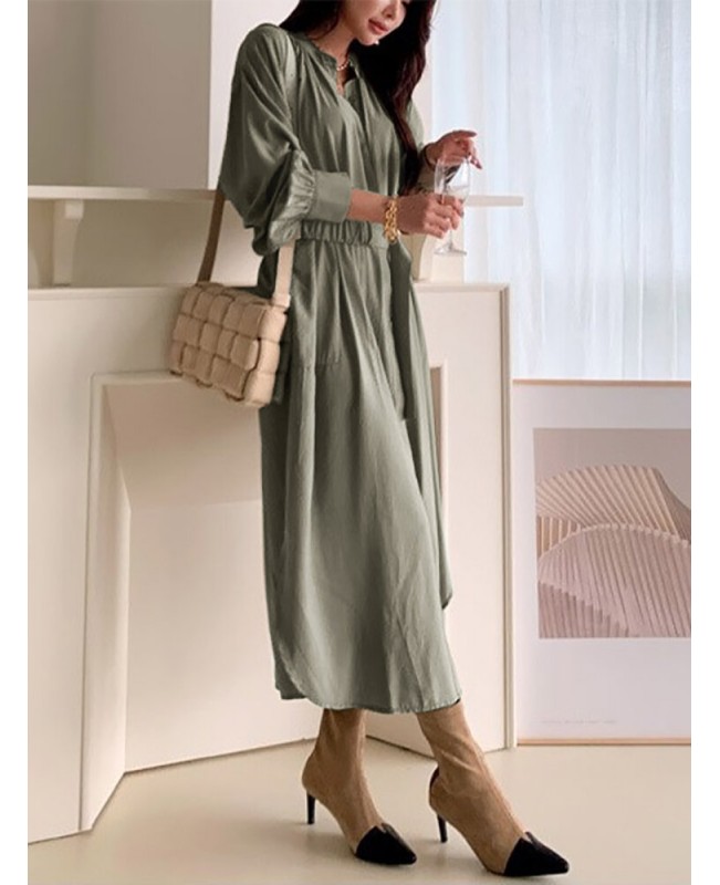 Solid Lantern Sleeve Button Belt Stand Collar Shirt Dress - Black S