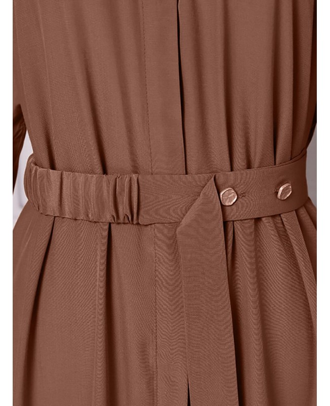 Solid Lantern Sleeve Button Belt Stand Collar Shirt Dress - Black S