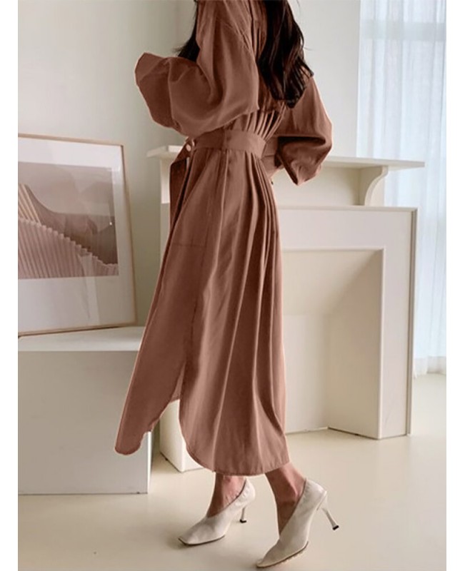 Solid Lantern Sleeve Button Belt Stand Collar Shirt Dress - Black S