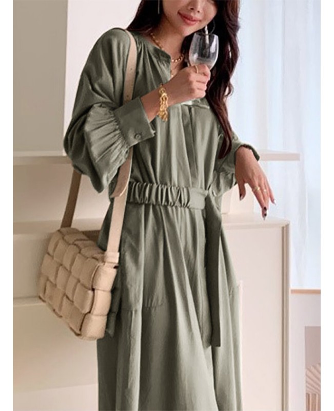 Solid Lantern Sleeve Button Belt Stand Collar Shirt Dress - Black S