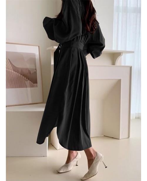 Solid Lantern Sleeve Button Belt Stand Collar Shir...