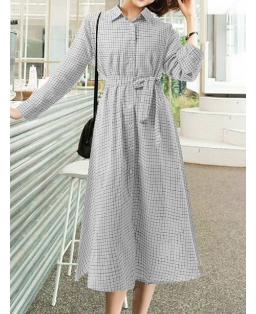 Check Print Belt Lapel Long Sleeve Button Down Shi...