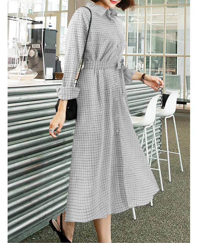 Check Print Belt Lapel Long Sleeve Button Down Shirt Dress - Black XL