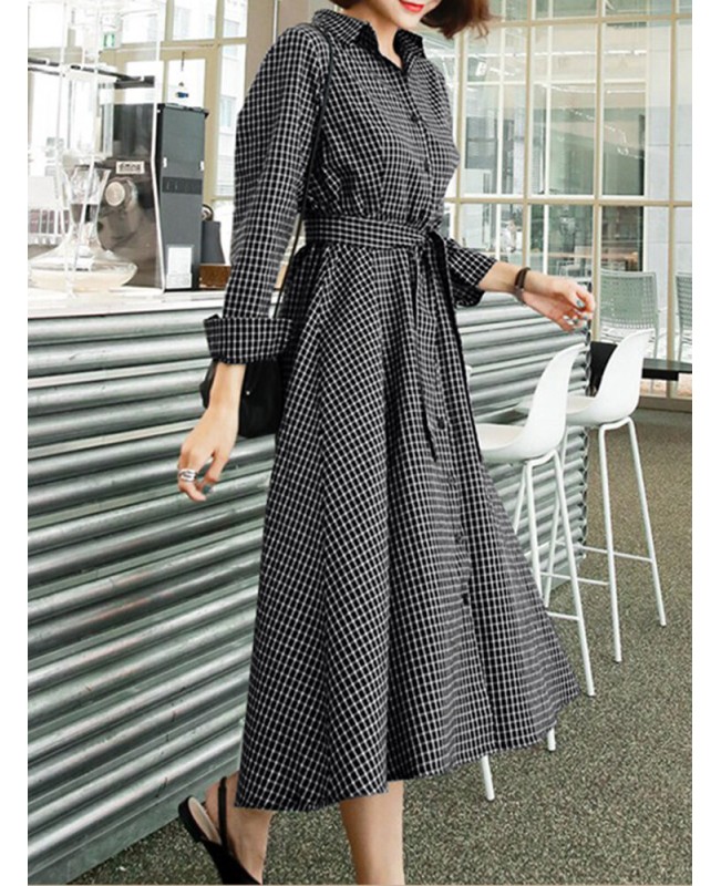 Check Print Belt Lapel Long Sleeve Button Down Shirt Dress - Black XL