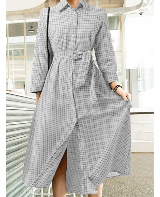 Check Print Belt Lapel Long Sleeve Button Down Shirt Dress - Black XL