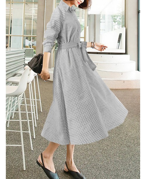 Check Print Belt Lapel Long Sleeve Button Down Shi...