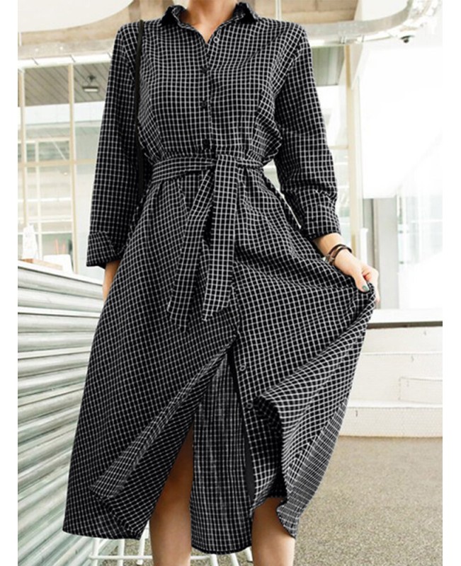 Check Print Belt Lapel Long Sleeve Button Down Shirt Dress - Black XL