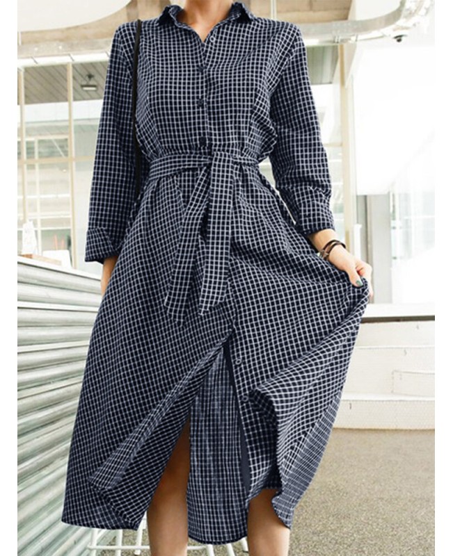 Check Print Belt Lapel Long Sleeve Button Down Shirt Dress - Black XL