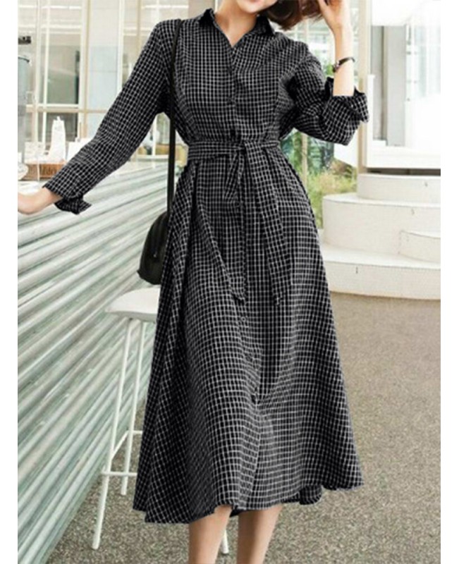 Check Print Belt Lapel Long Sleeve Button Down Shirt Dress - Black XL