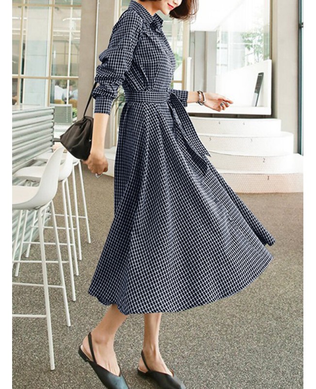 Check Print Belt Lapel Long Sleeve Button Down Shirt Dress - Black XL