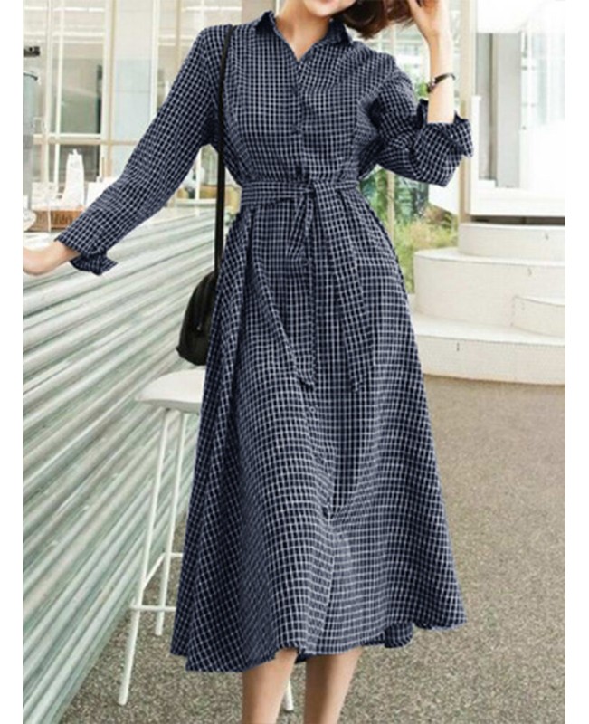 Check Print Belt Lapel Long Sleeve Button Down Shirt Dress - Black XL