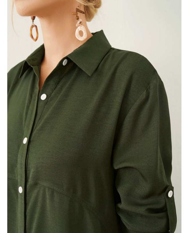 Solid Button Front Lapel Long Sleeve Shirt Dress - Army Green S