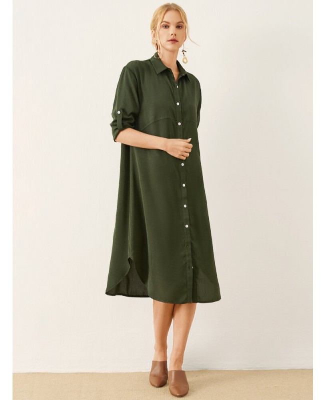 Solid Button Front Lapel Long Sleeve Shirt Dress - Army Green S