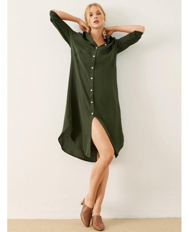 Solid Button Front Lapel Long Sleeve Shirt Dress - Army Green S