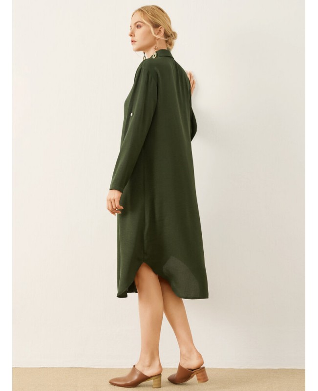 Solid Button Front Lapel Long Sleeve Shirt Dress - Army Green S