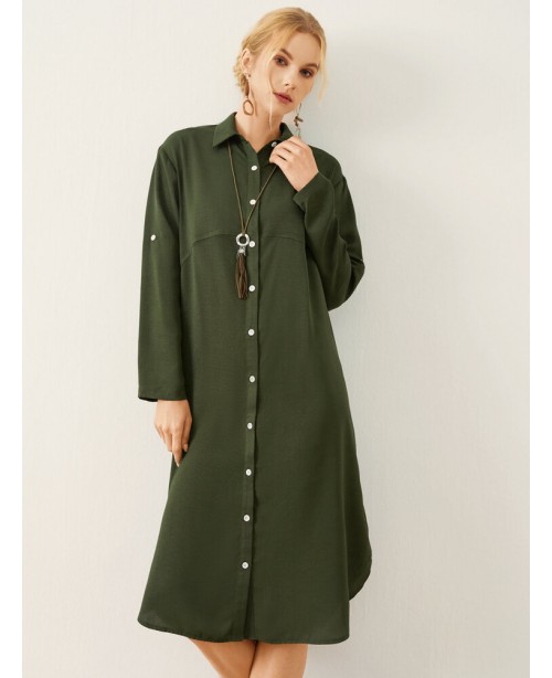 Solid Button Front Lapel Long Sleeve Shirt Dress -...