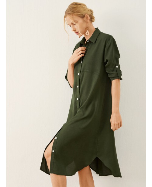Solid Button Front Lapel Long Sleeve Shirt Dress -...