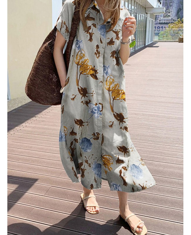 Cottagecore Plant Print Pocket Button Cotton Short Sleeve Shirt Dress - Apricot S