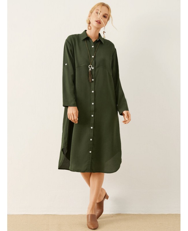 Solid Button Front Lapel Long Sleeve Shirt Dress - Army Green S