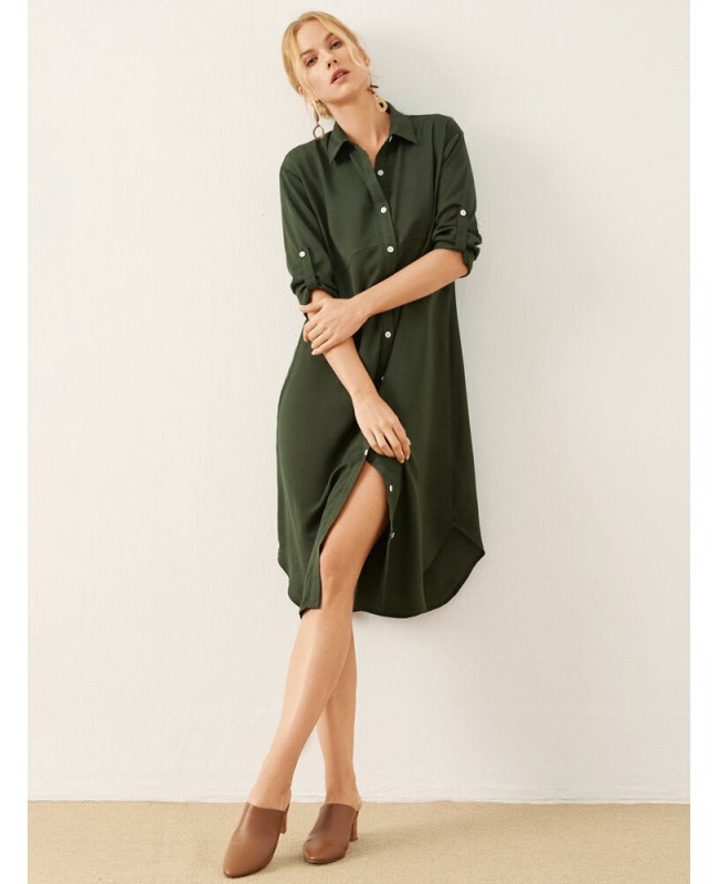 Solid Button Front Lapel Long Sleeve Shirt Dress - Army Green S