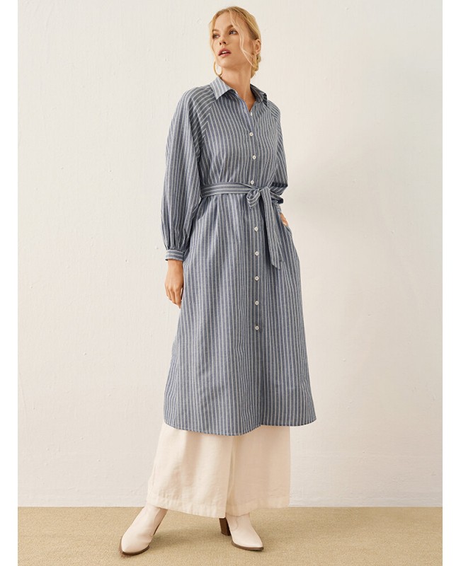 Stripe Print Button Front Long Sleeve Lapel Shirt Dress - Blue S