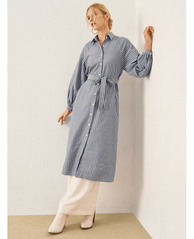 Stripe Print Button Front Long Sleeve Lapel Shirt Dress - Blue S