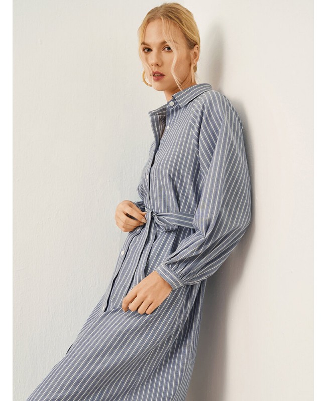 Stripe Print Button Front Long Sleeve Lapel Shirt Dress - Blue S