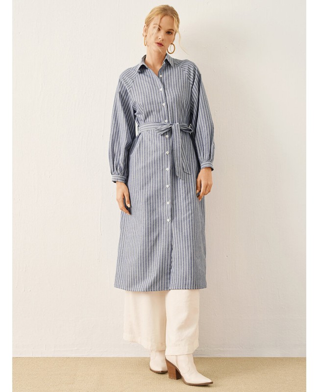 Stripe Print Button Front Long Sleeve Lapel Shirt Dress - Blue S