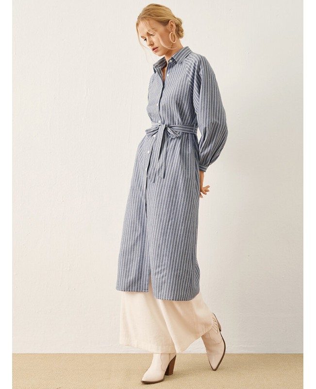 Stripe Print Button Front Long Sleeve Lapel Shirt Dress - Blue S