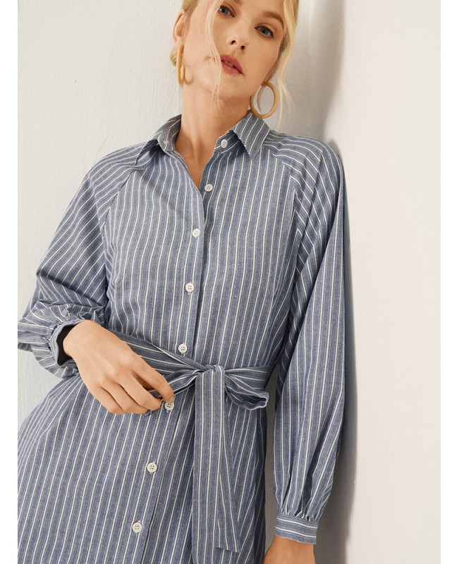 Stripe Print Button Front Long Sleeve Lapel Shirt Dress - Blue S